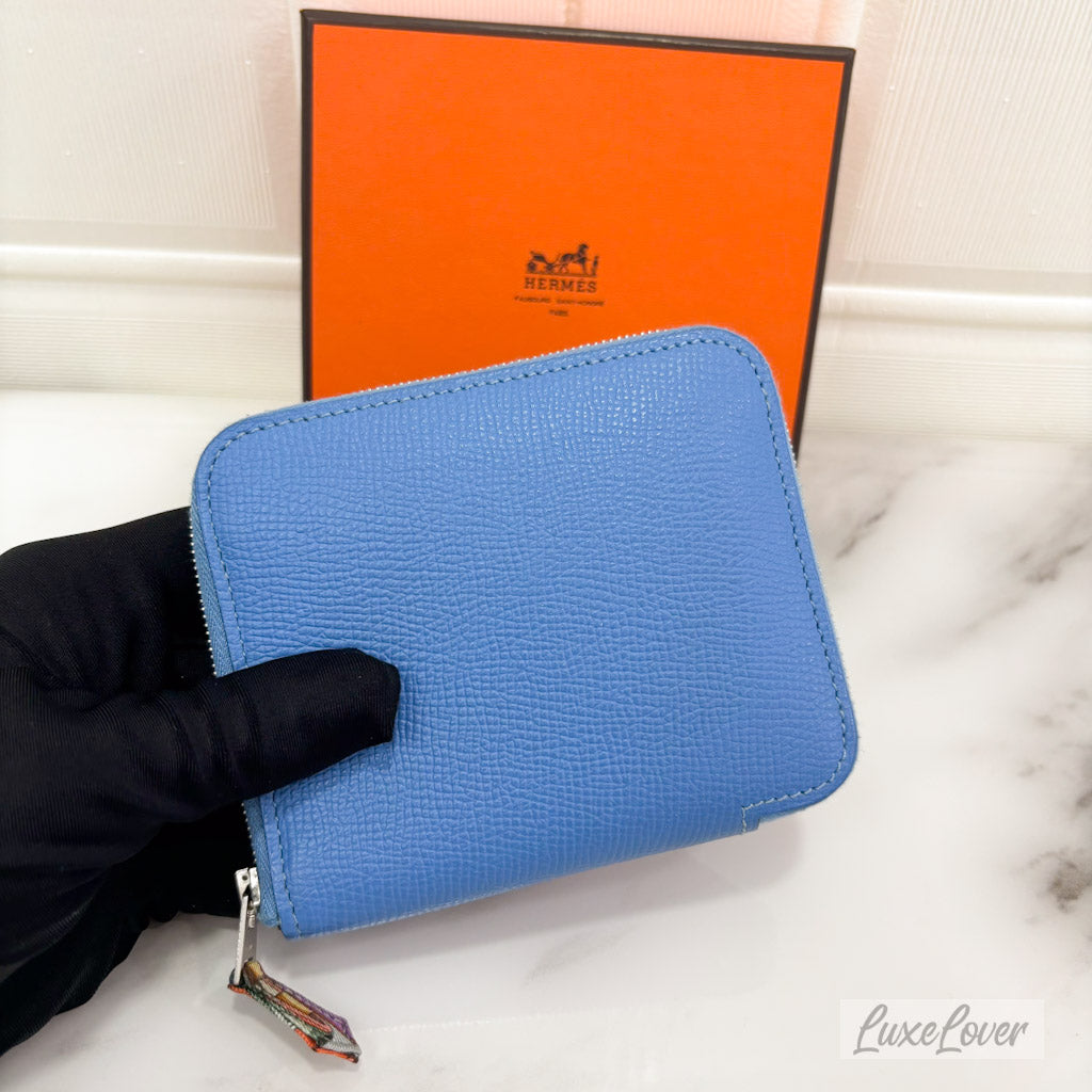 Hermes Silk in Compact Wallet in Bleu Paradis Epsom Leather PHW