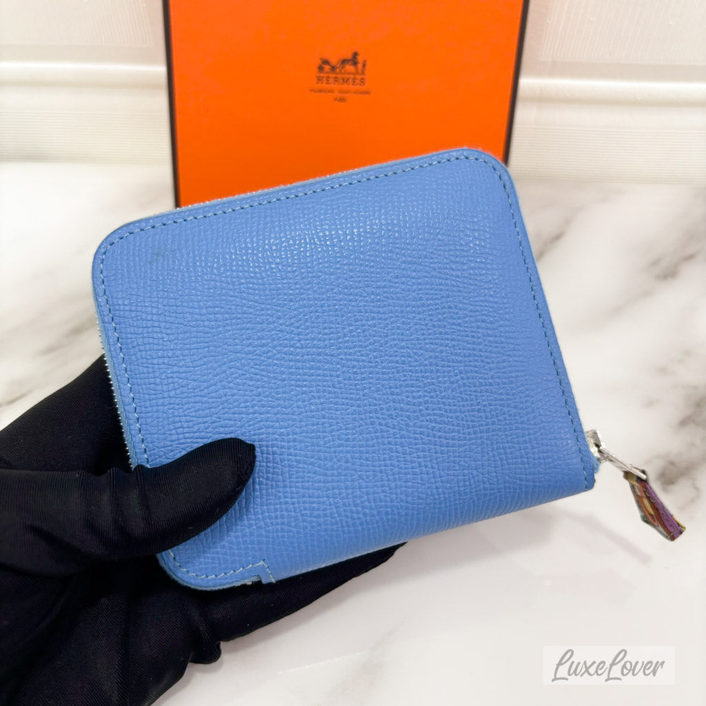 Hermes Silk in Compact Wallet in Bleu Paradis Epsom Leather PHW