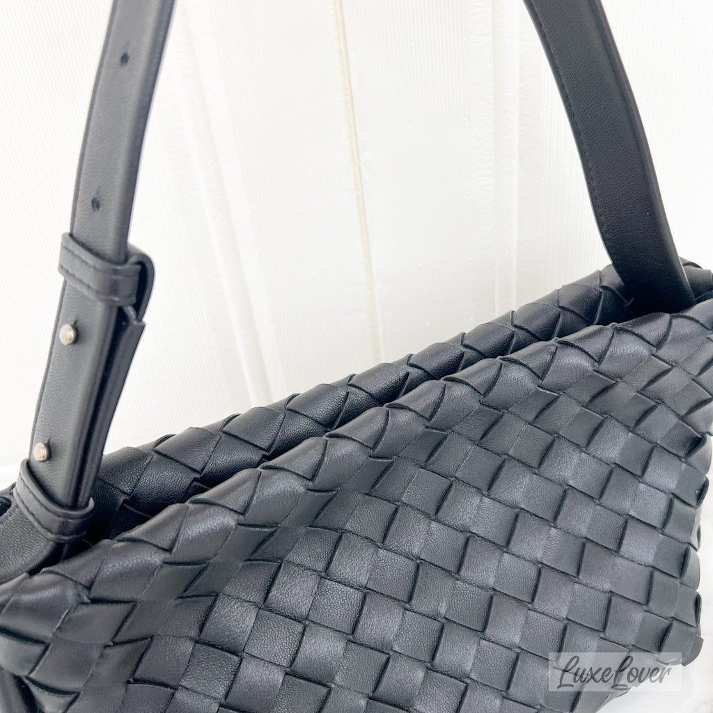 Bottega Venetta Small Tie Shoulder Bag in Black Intercciato Leather