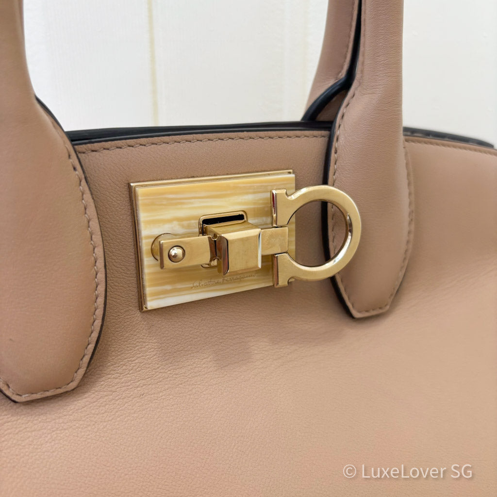 Salvatore Ferragamo Studio Bag in Almond Beige Calfskin and GHW