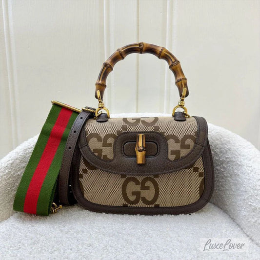 Gucci Small Bamboo 1947 Flap in Jumbo GG Fabric Canvas and GHW